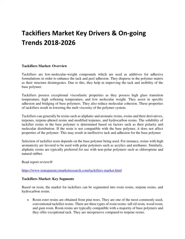 Tackifiers Market Key Drivers & On-going Trends 2018-2026
