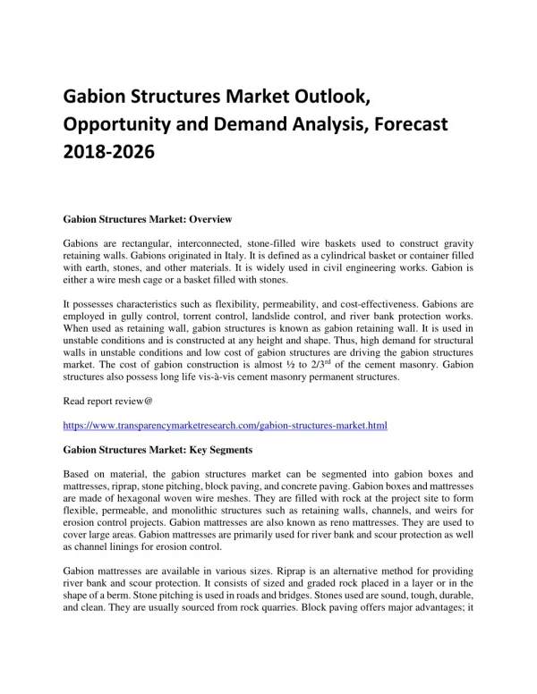 Gabion Structures Market Outlook, Opportunity and Demand Analysis, Forecast 2018-2026