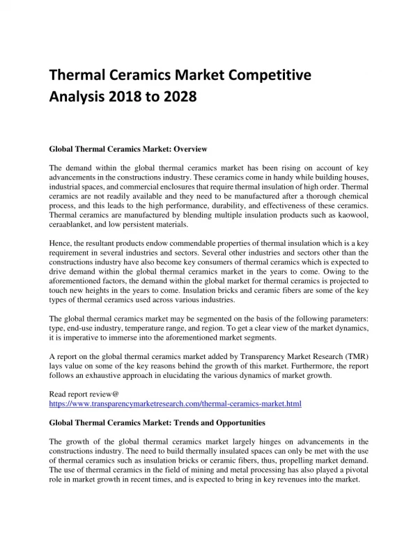 Thermal Ceramics Market Competitive Analysis 2018 to 2028
