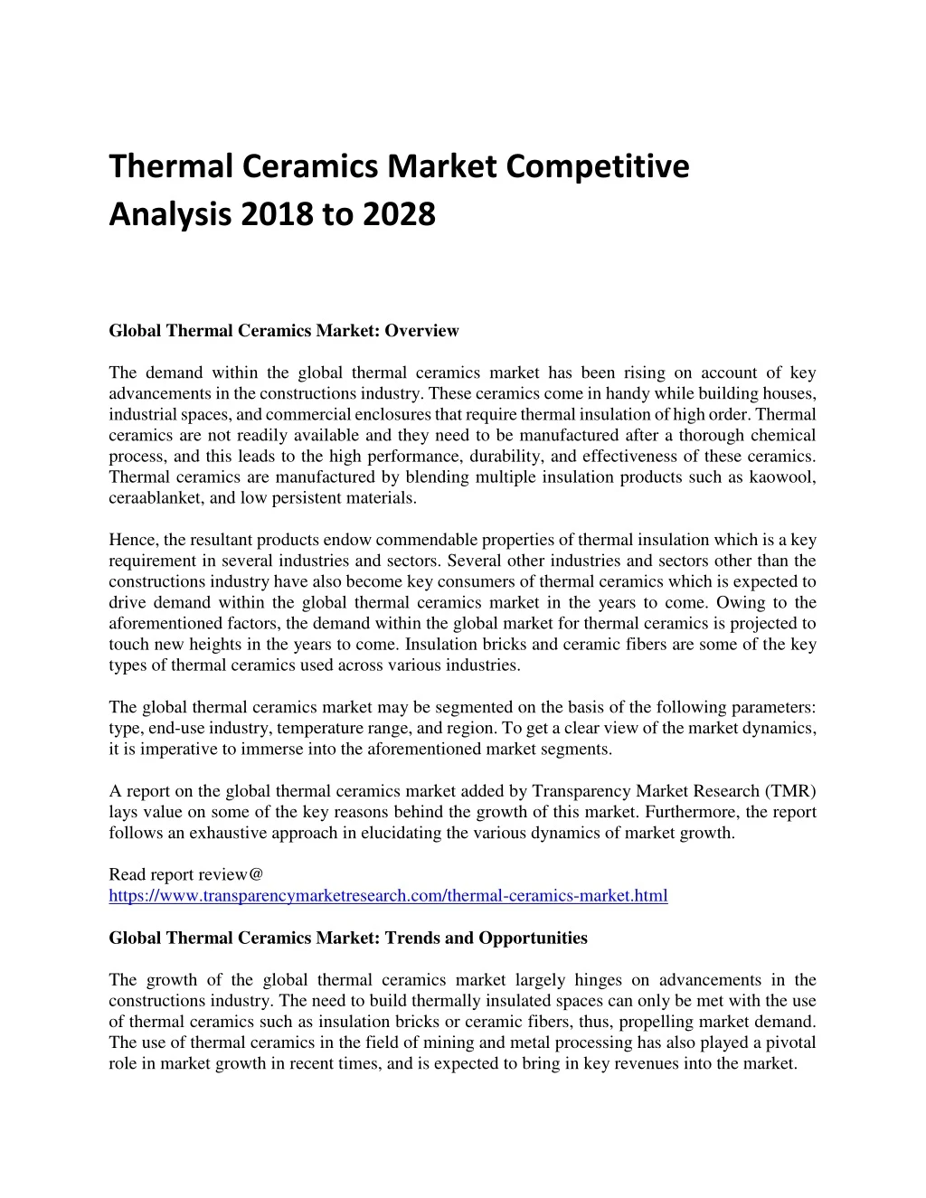 thermal ceramics market competitive analysis 2018