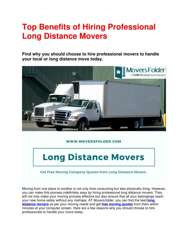 Top Benefits of Hiring Professional Long Distance Movers