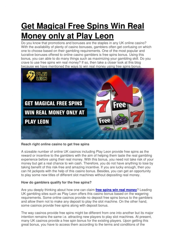 Get Magical Free Spins Win Real Money only at Play Leon