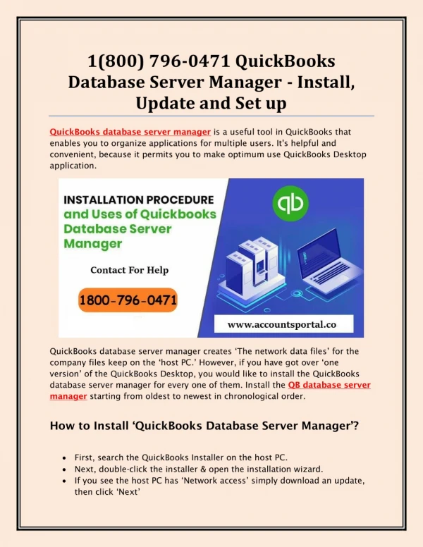 1(800) 796-0471 QuickBooks Database Server Manager - Install, Update and Set up