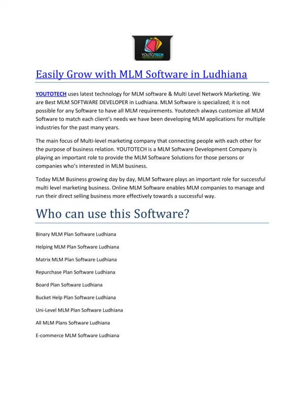 Easily Grow with MLM Software in Ludhiana (YOUTOTECH Web Mobile Development)