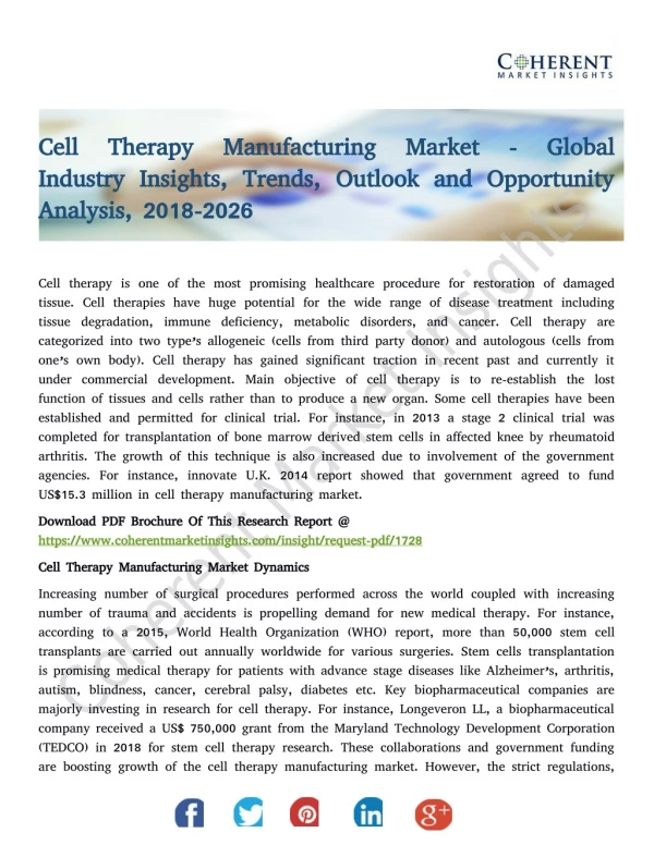 Cell Therapy Manufacturing Market - Trends, Outlook and Opportunity Analysis, 2018-2026