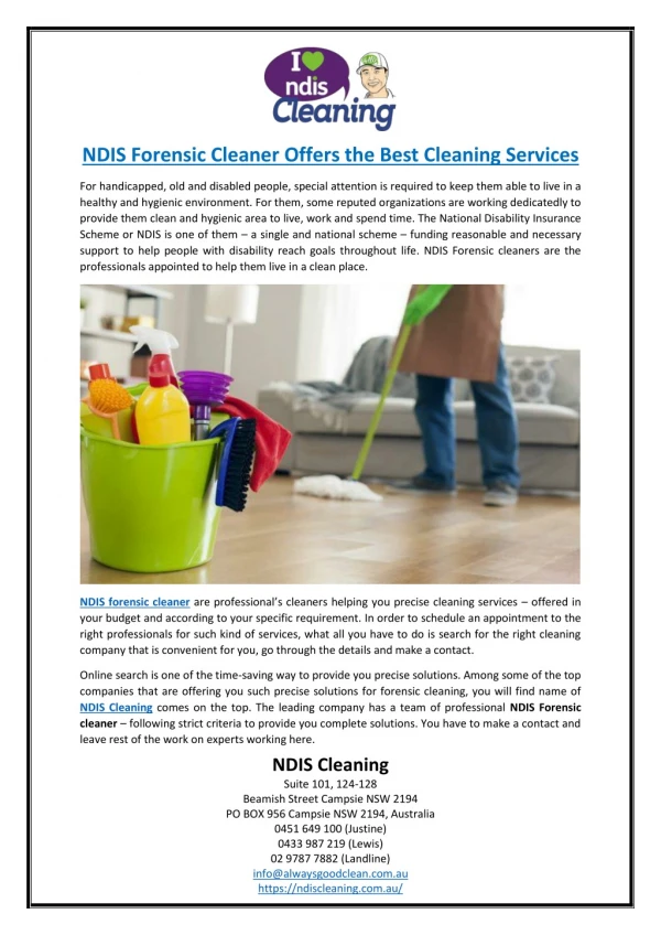 NDIS Forensic Cleaner Offers the Best Cleaning Services