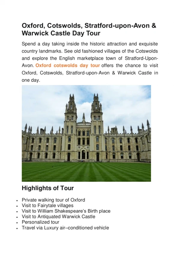 Private Guided Tour of Oxford, Cotswolds, Stratford-upon-Avon & Warwick Castle From London