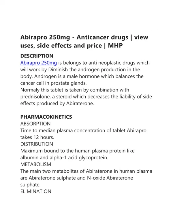 Abirapro 250mg - Anticancer drugs | view uses, side effects and price