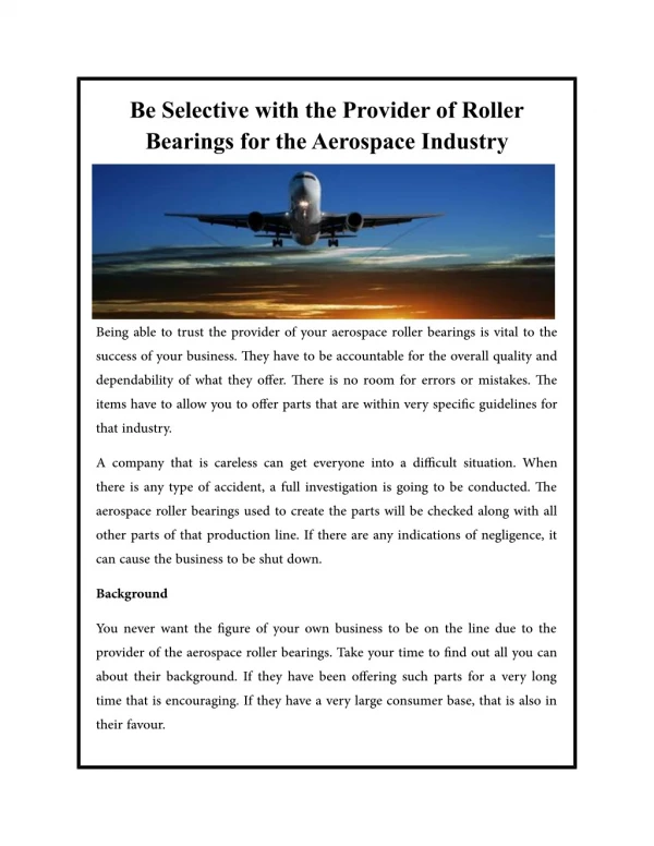 Be Selective with the Provider of Roller Bearings for the Aerospace Industry