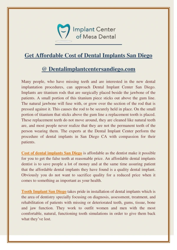 Get Affordable Cost of Dental Implants San Diego @ Dentalimplantcentersandiego.com