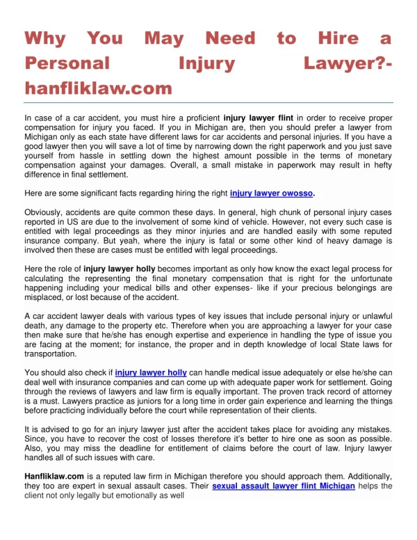 Why You May Need to Hire a Personal Injury Lawyer?- hanfliklaw.com