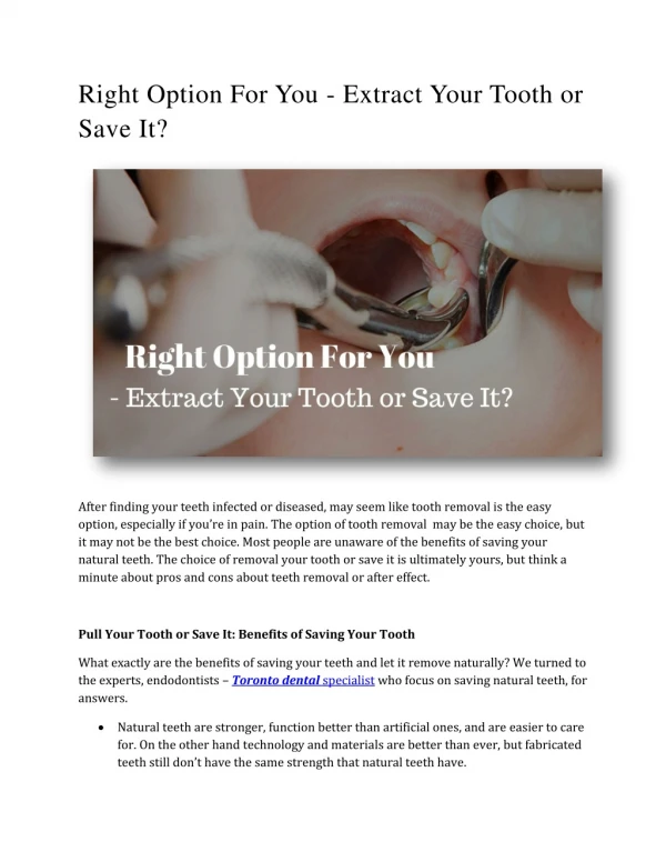 Right Option For You - Extract Your Tooth or Save It?