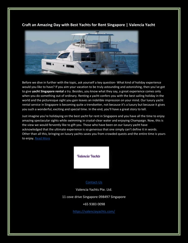Craft an Amazing Day with Best Yachts for Rent Singapore | Valencia Yacht