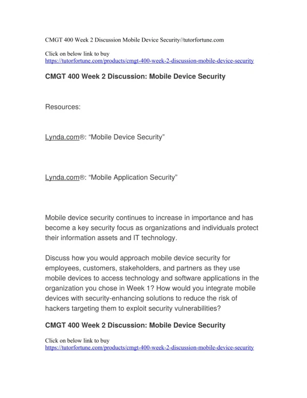 CMGT 400 Week 2 Discussion Mobile Device Security//tutorfortune.com