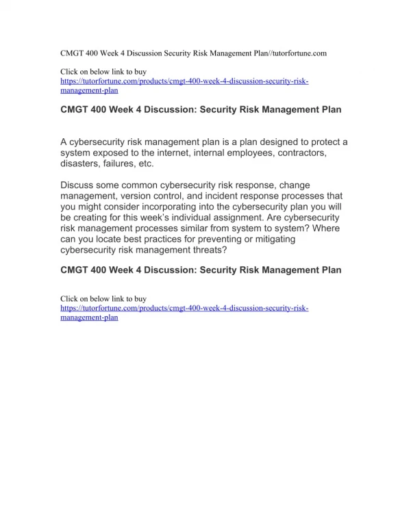 CMGT 400 Week 4 Discussion Security Risk Management Plan//tutorfortune.com