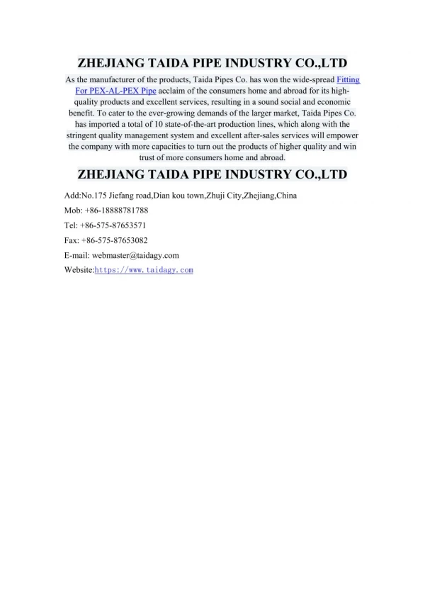 ZHEJIANG TAIDA PIPE INDUSTRY CO.,LTD