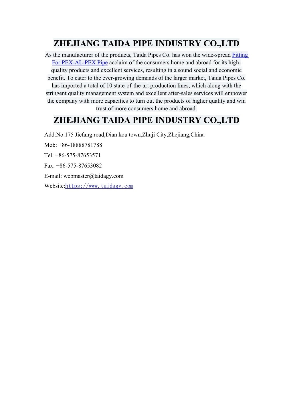 zhejiang taida pipe industry co ltd