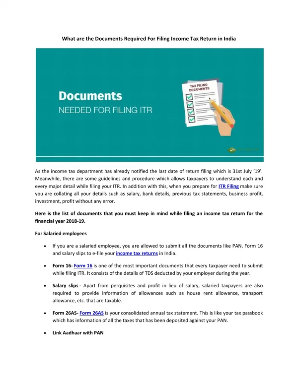 What are the Documents Required For Filing Income Tax Return in India