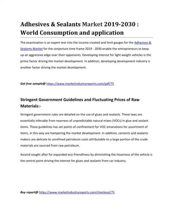 Adhesives & Sealants Market 2019-2030 : World Consumption and application
