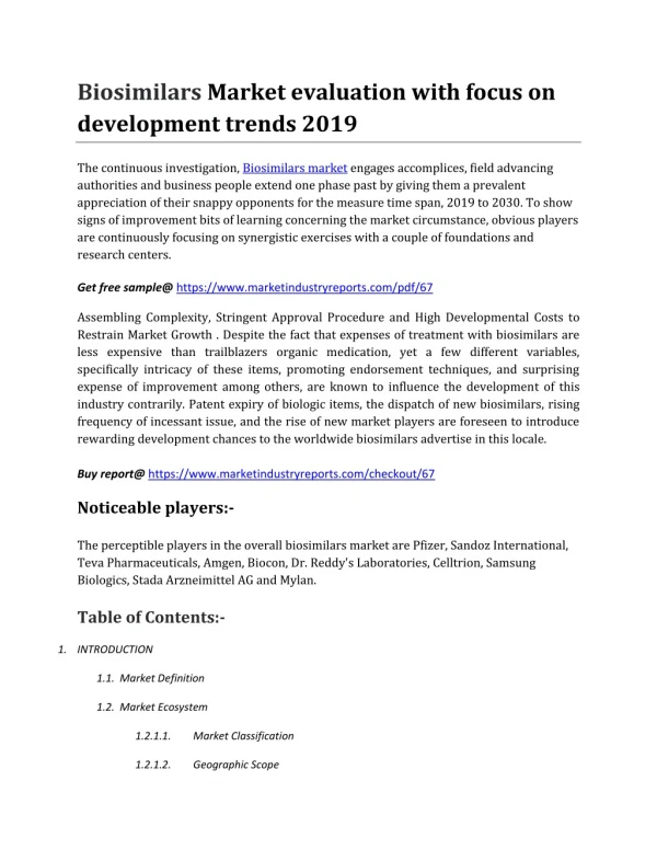 Biosimilars Market evaluation with focus on development trends 2019