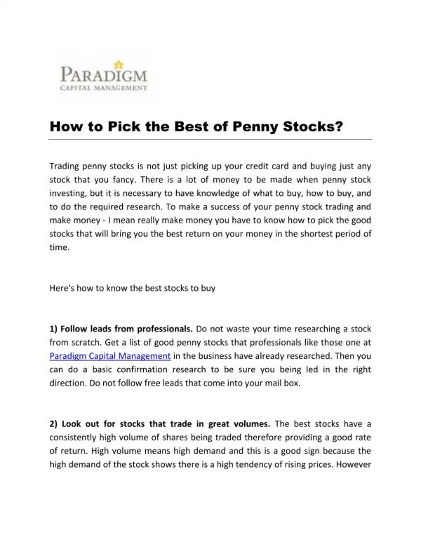 How to Pick the Best of Penny Stocks?