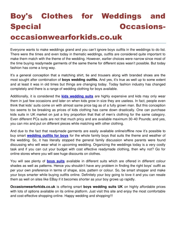 Boy's Clothes for Weddings and Special Occasions occasionwearforkids.co.uk