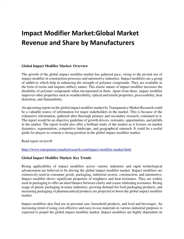 Impact Modifier Market:Global Market Revenue and Share by Manufacturers