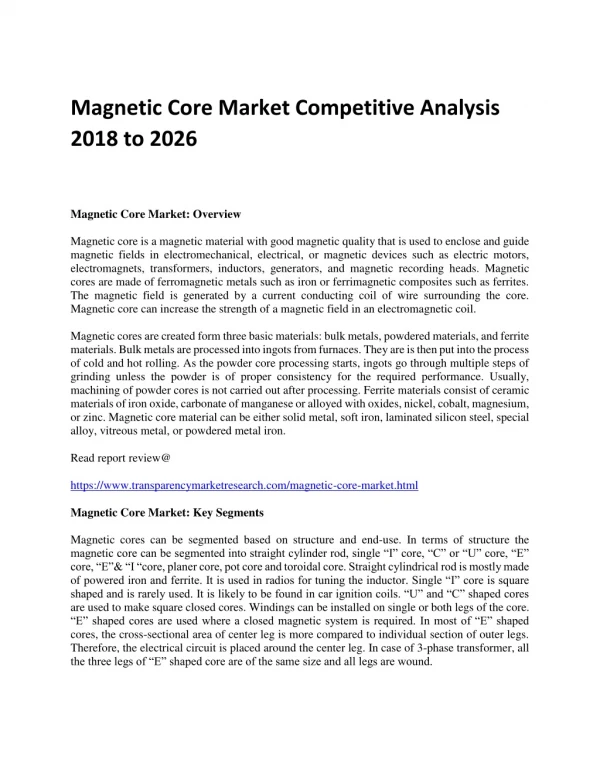 Magnetic Core Market Competitive Analysis 2018 to 2026