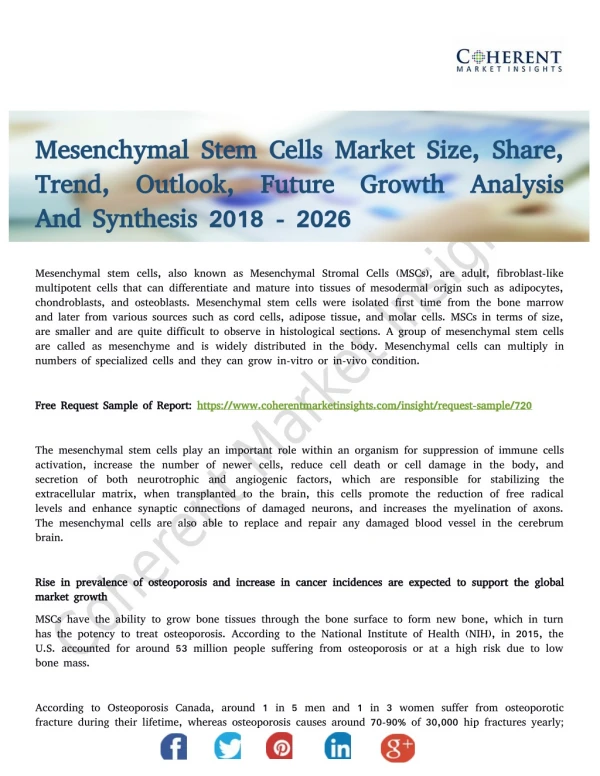 Mesenchymal Stem Cells Market Anticipates Steady Growth Till 2026
