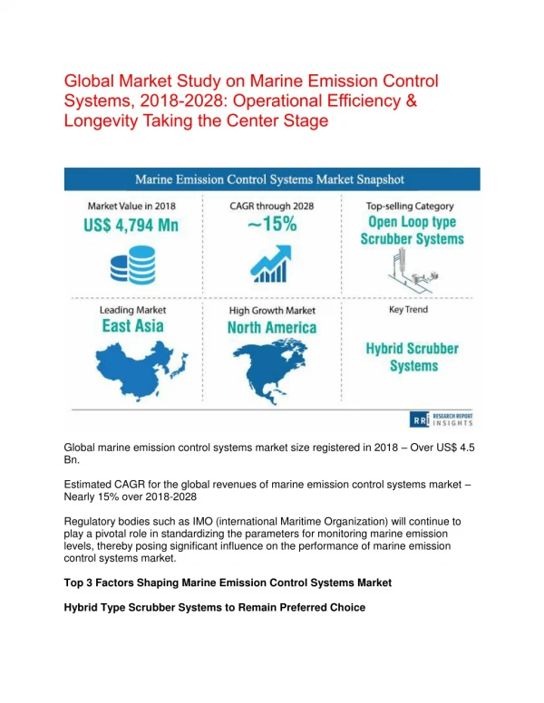 Marine Emission Control Systems Market to Witness Increasing Revenue Growth During the Forecast Period 2019 - 2028