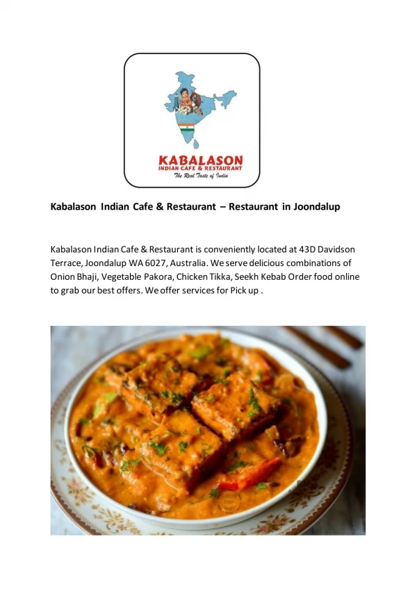 15% Off -Kabalason Indian Cafe & Restaurant-Joondalup - Order Food Online