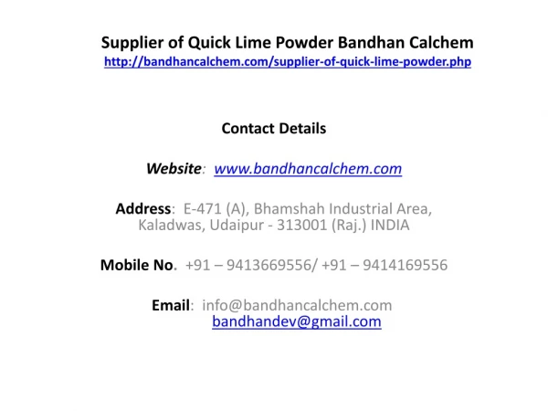 Supplier of Quick Lime Powder Bandhan Calchem