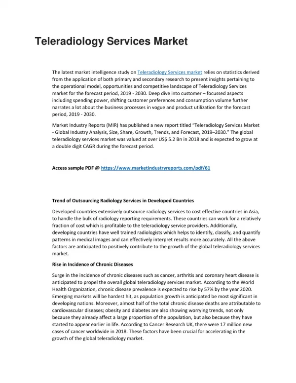 Teleradiology Services Market Analysis By Strategic Growth Rate And Factors 2019-2030