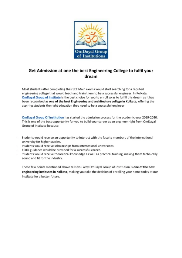 Get Admission at one the best Engineering College to fulfil your dream