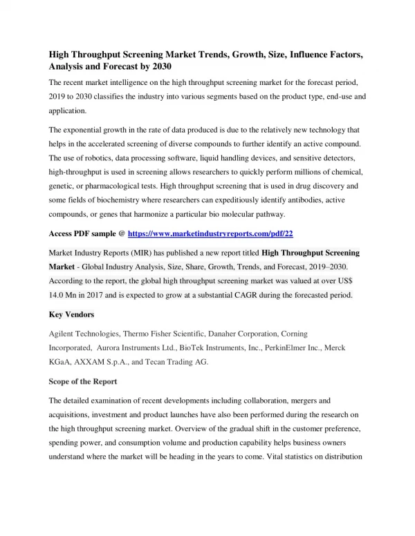 High Throughput Screening Market Investment Strategy, Outlook & Product Development till 2030