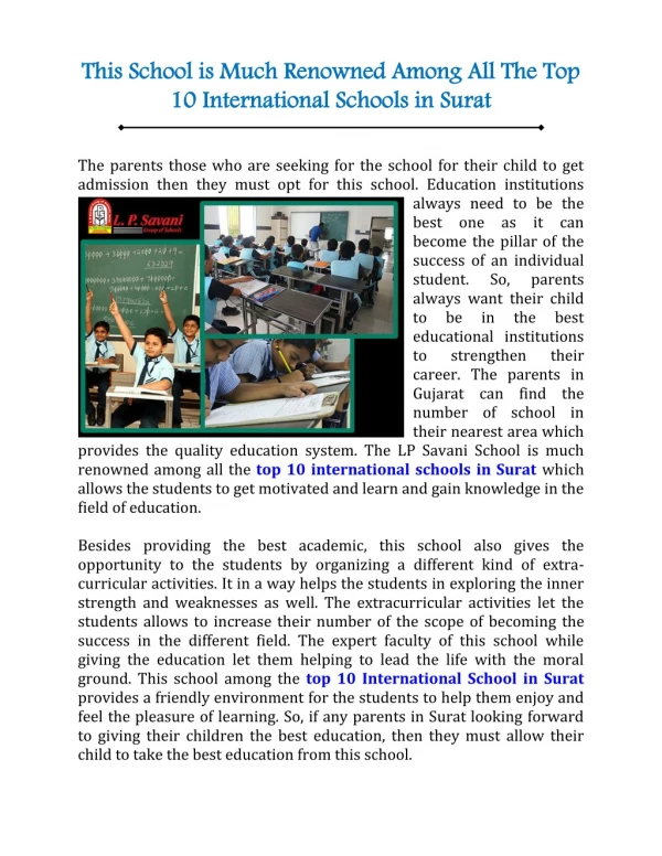 Top 10 International School in Surat - LPSavani