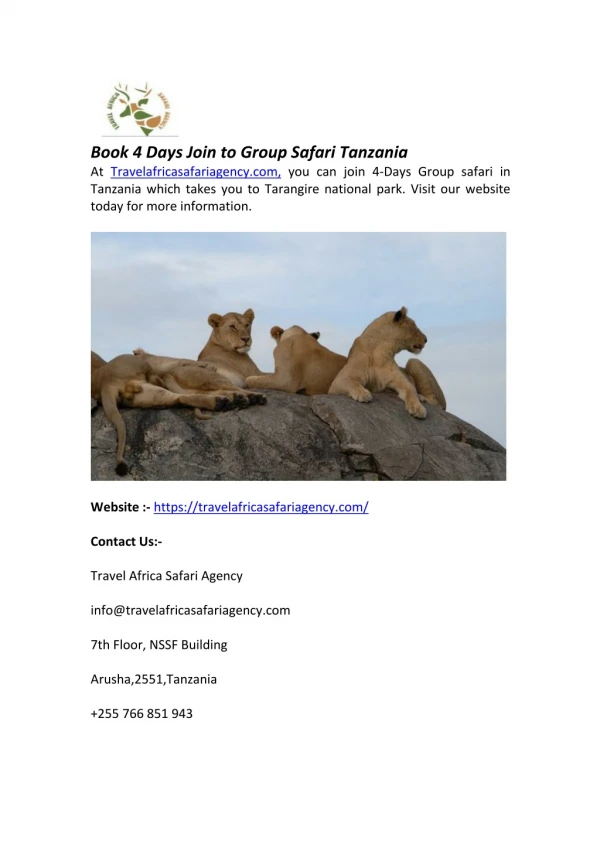 Book 4 days join to group safari tanzania