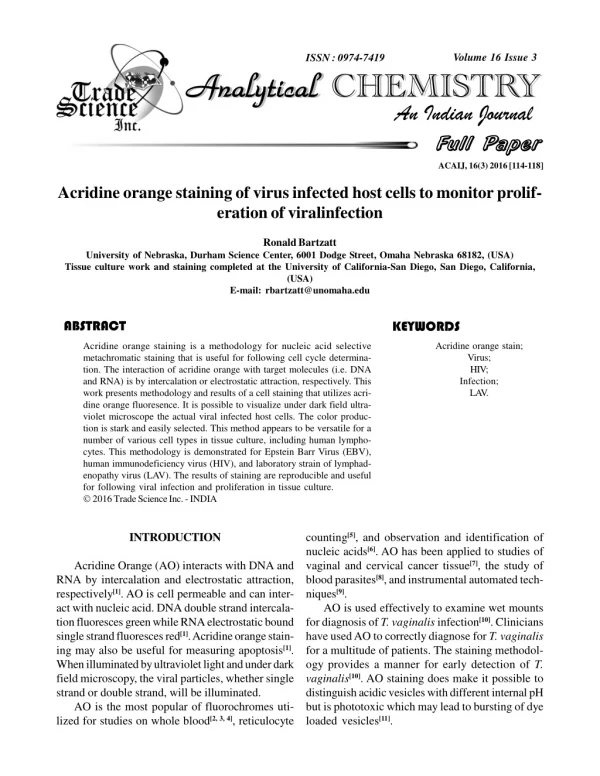 Acridine orange staining of virus infected host cells to monitor prolif- eration of viralinfection