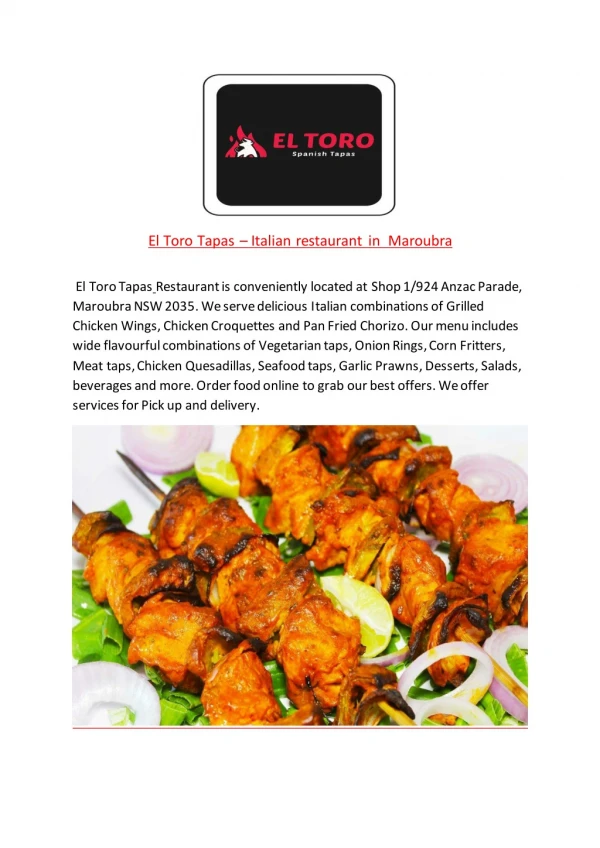 15% Off - El Toro Tapas-Maroubra - Order Food Online