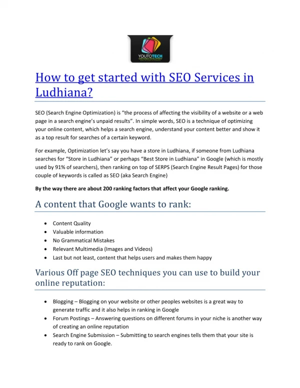 How to get started with SEO Services in Ludhiana (YOUTOTECH Web Mobile Development)