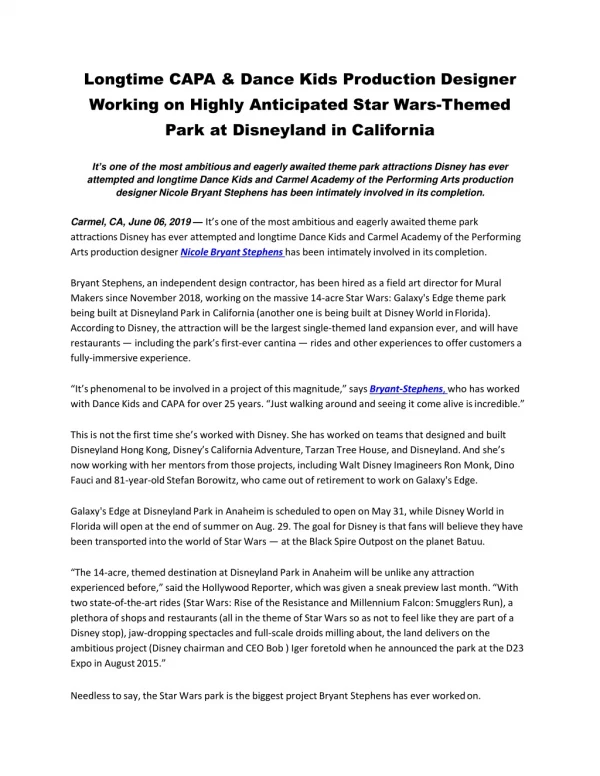 Longtime CAPA & Dance Kids Production Designer Working on Highly Anticipated Star Wars-Themed Park