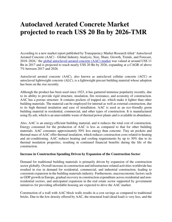 Autoclaved Aerated Concrete Market projected to reach US$ 20 Bn by 2026-TMR