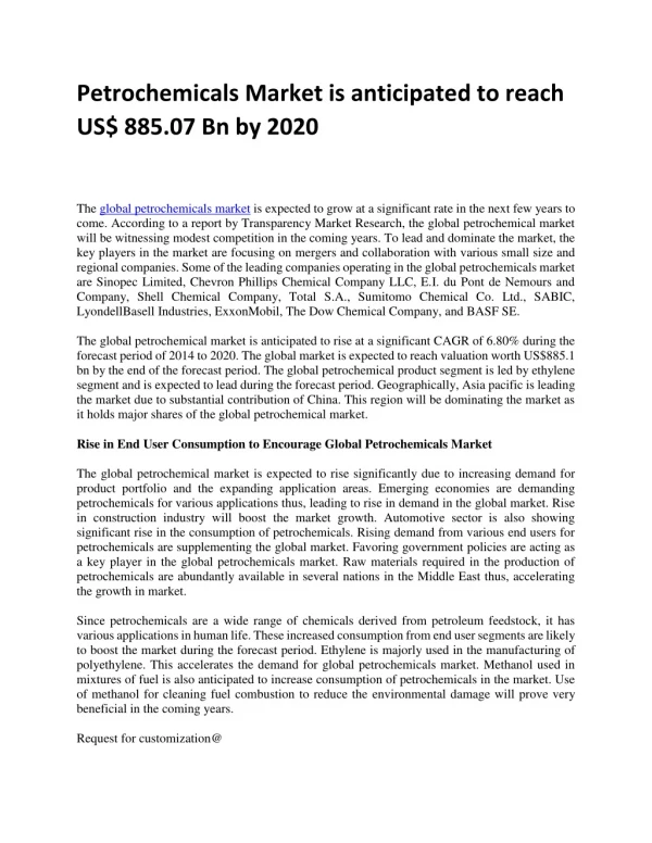 Petrochemicals Market is anticipated to reach US$ 885.07 Bn by 2020