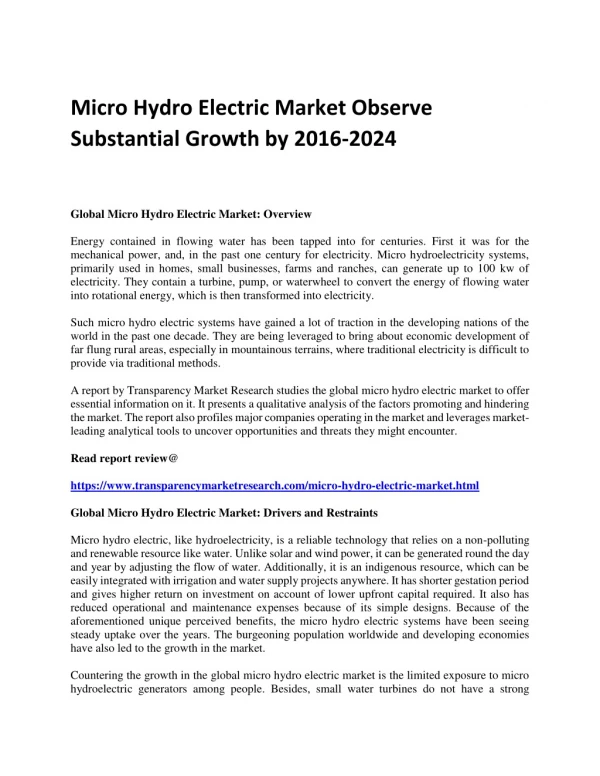 Micro Hydro Electric Market Observe Substantial Growth by 2016-2024