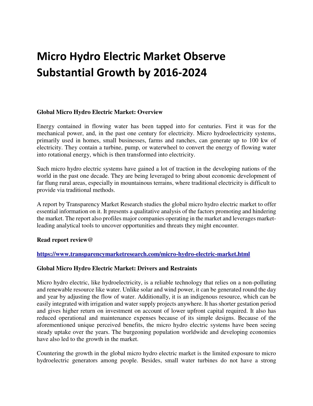 micro hydro electric market observe substantial