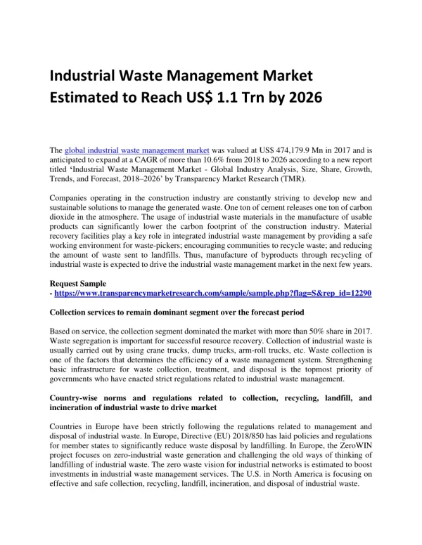 Industrial Waste Management Market Estimated to Reach US$ 1.1 Trn by 2026