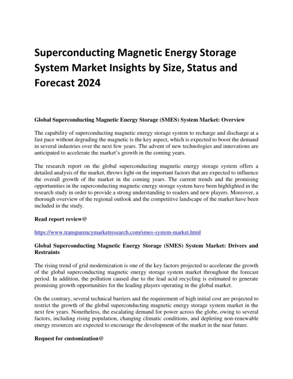 Superconducting Magnetic Energy Storage System Market Insights by Size, Status and Forecast 2024