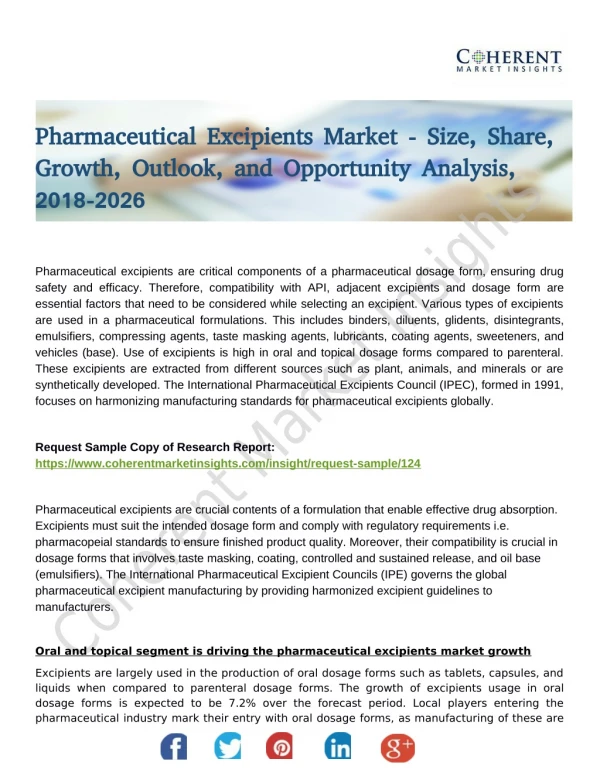 Pharmaceutical Excipients Market to Witness Robust Expansion Throughout the Forecast Period 2018 - 2026