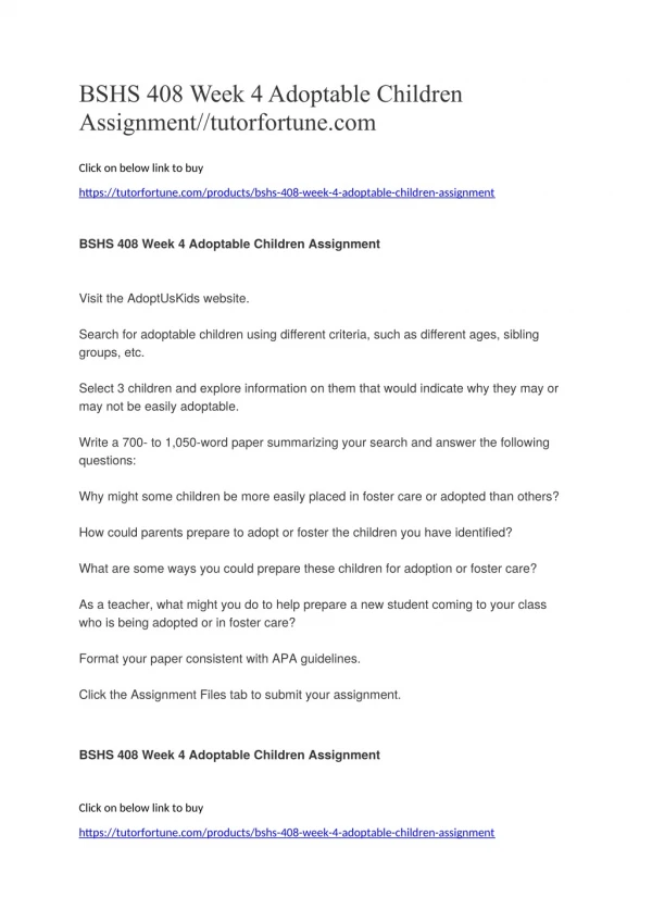 BSHS 408 Week 4 Adoptable Children Assignment//tutorfortune.com