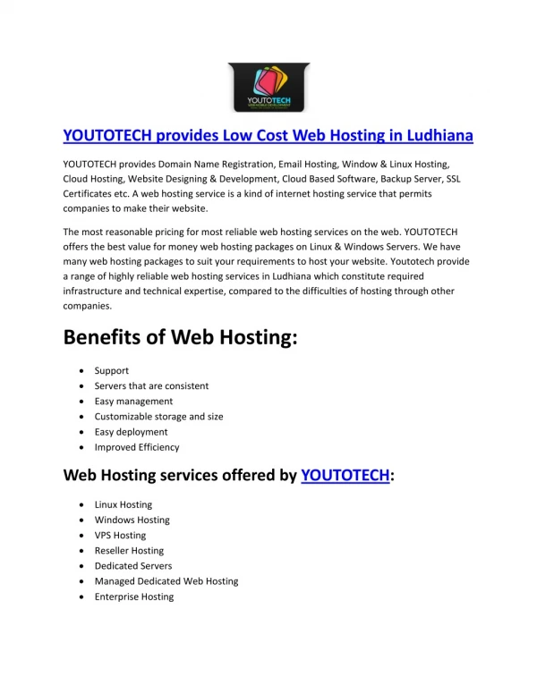 YOUTOTECH provides Low Cost Web Hosting in Ludhiana